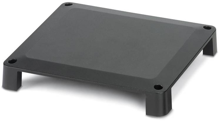 Ein rechteckiger, schwarzer Laptopständer mit vier Füßen, leicht erhöht, zur Belüftung und ergonomischen Nutzung eines Laptops.