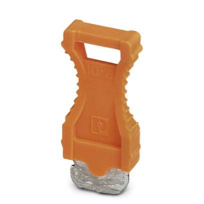 Oranges Kunststoffteil mit Griff und unterem Ende aus silbrigem Material, wahrscheinlich eine Art Stecker oder Verbinder.