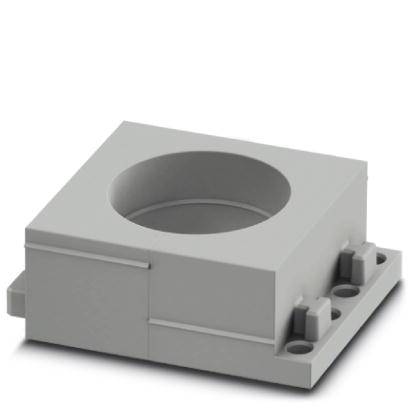 Graues, quadratisches Bauteil mit rundem Loch in der Mitte, auf einer rechteckigen Basis montiert. Geeignet für industrielle Anwendungen.