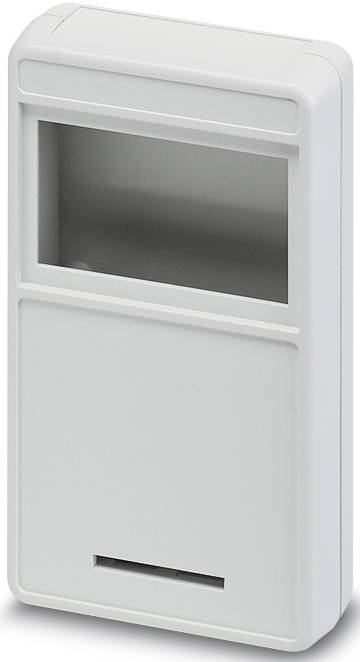 Ein weißer rechteckiger Kunststoffgehäuse mit einem transparenten Fenster im oberen Drittel, möglicherweise für ein elektronisches Gerät.