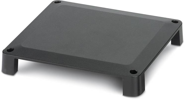 Eine schwarze, rechteckige Plattform mit kurzen, abgerundeten Beinen, geeignet zur Erhöhung von Geräteaufstellungen.