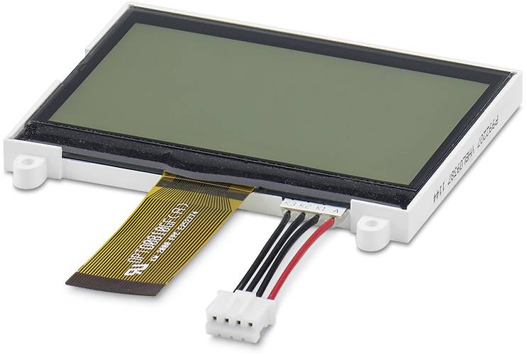 Ein kleines rechteckiges LCD-Display-Modul mit Kabeln. Es hat einen Flachbandanschluss und dient zur Darstellung visueller Informationen.