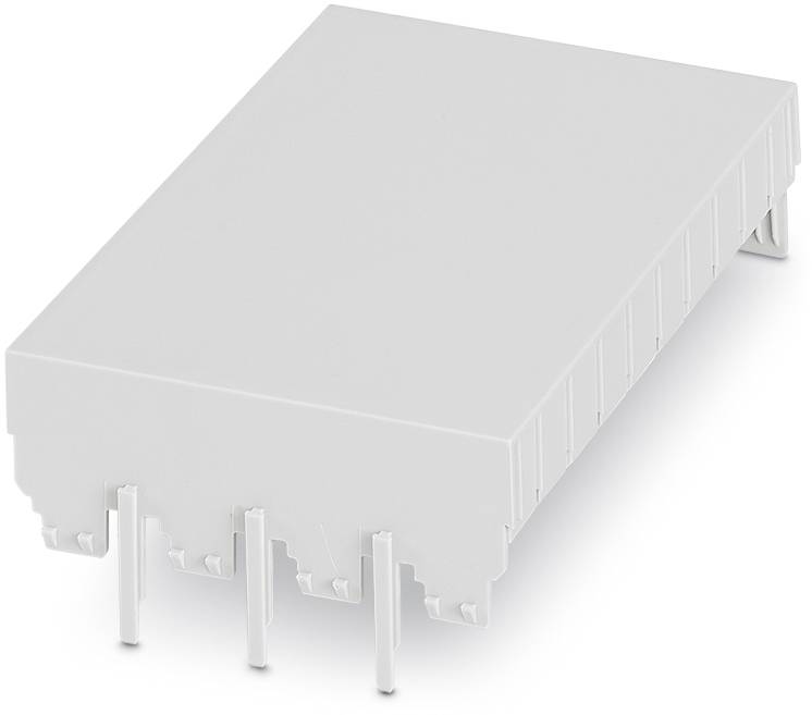 Ein weißes elektronisches Steckmodul mit mehreren Anschlussstiften auf der Unterseite, wahrscheinlich ein Relais oder ein Verbinder.