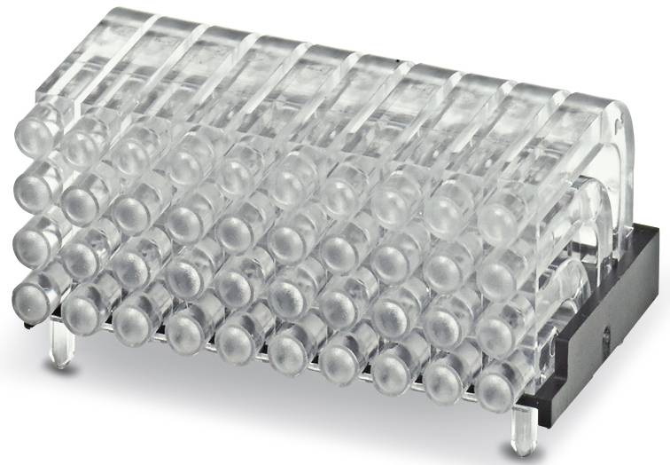 Ein transparentes LED-Modul mit einem rechteckigen Layout und mehreren Reihen von kreisförmigen Leuchten, montiert auf einer schwarzen Basis.