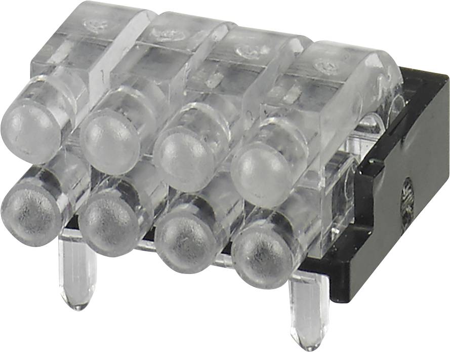 Ein transparenter, sechspoliger LED-Anzeigewürfel auf einem schwarzen Kunststoffsockel, für elektronische Anwendungen.