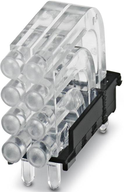 Ein transparentes Plastikteil mit mehreren runden Vorsprüngen, montiert auf einem schwarzen Sockel mit ausgehenden metallischen Pins.