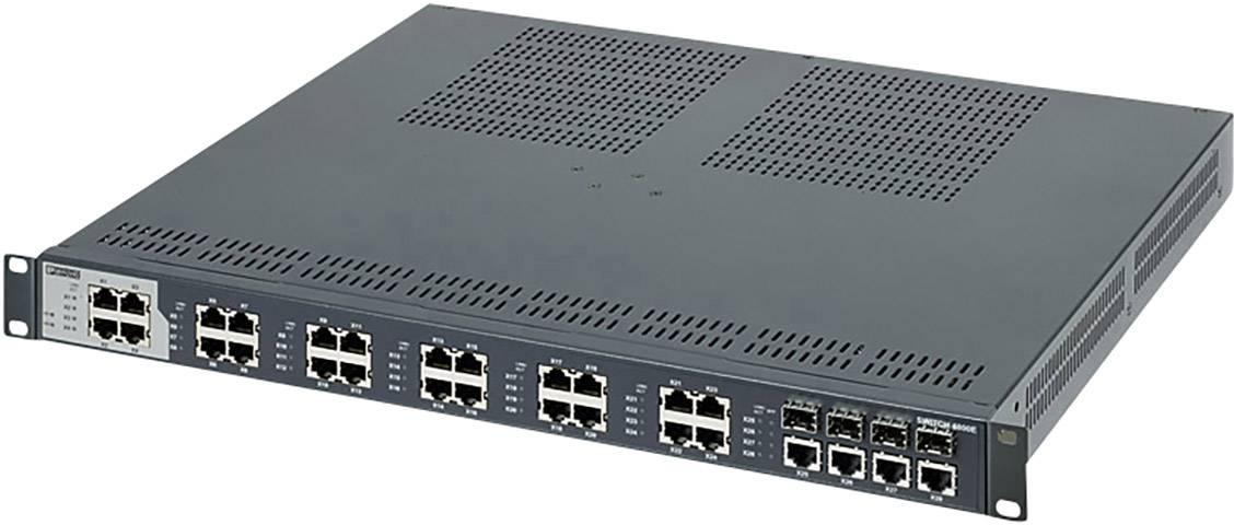 Ein Netzwerk-Switch mit mehreren Ethernet-Ports und Lüftungsschlitzen auf der Oberseite. Geeignet für die Rack-Montage in Serverräumen.