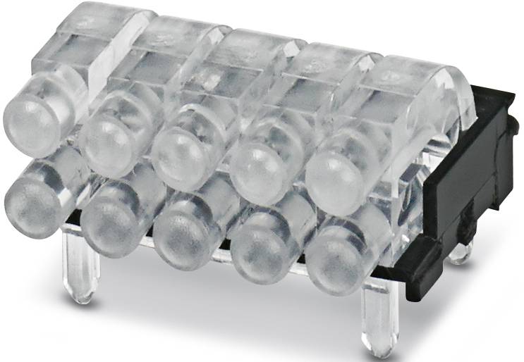 Ein transparenter elektronischer Bauteil mit acht LEDs in einer Reihe, montiert auf einer schwarzen Plattform mit vier Stiften.