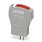 Kleiner grauer elektrischer Adapter mit rotem Streifen und zwei Steckkontakten. Text auf dem Gerät: 'Universal Travel Adapter'.