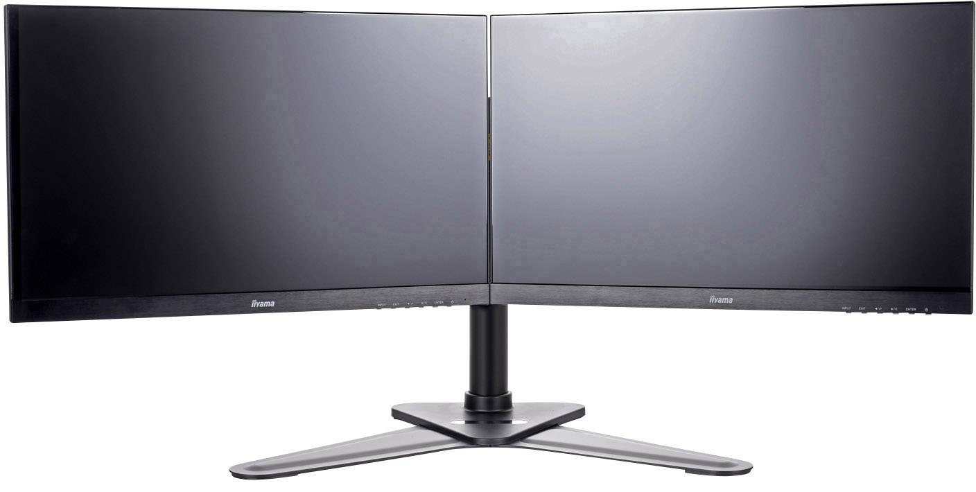 Zwei nebeneinander stehende Computerbildschirme auf einem gemeinsamen Standfuß, eingeschaltet und auf einen leeren Bildschirm eingestellt.