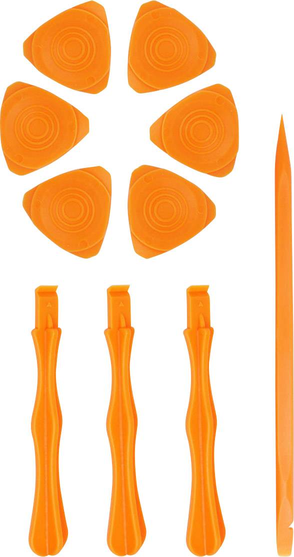 Ein Set von orangen Kunststoff-Werkzeugen: sechs dreieckige Hebel, drei Hebel mit Spitzen und ein langer, dünner Stift.