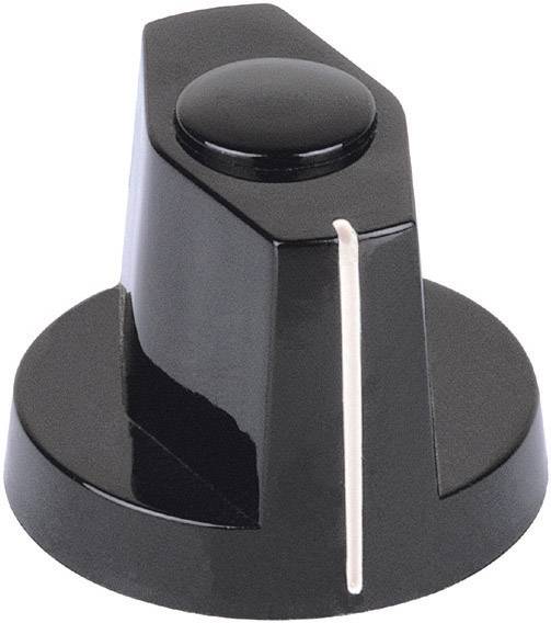 Schwarzer, konischer Drehknopf mit einem weißen Markierungsstreifen, oft verwendet für Audio- oder elektronische Geräte.