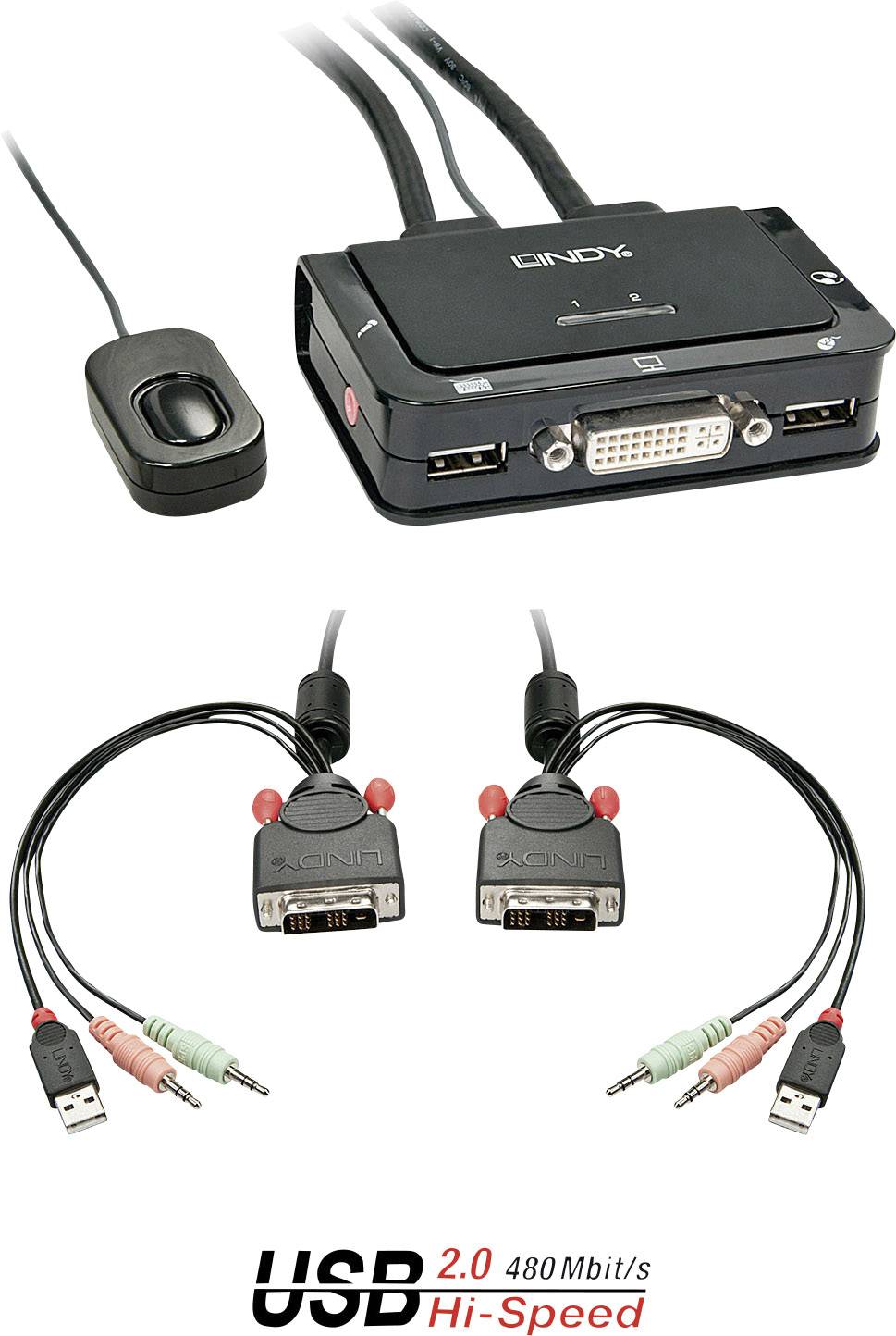 KVMP-Switch mit zwei Kabelsätzen, USB 2.0-Anschlüsse für schnellen Datentransfer. Enthält DVI, Audio-Eingänge und Fernbedienung.