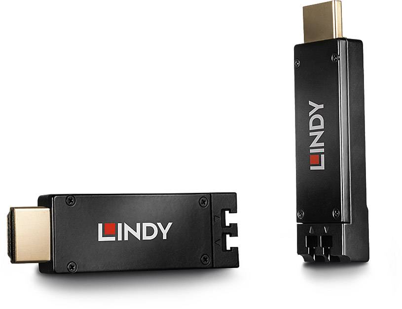 Zwei schwarze HDMI-Stecker von 'LINDY', einer liegend, einer stehend, mit jeweils einem goldfarbenen Anschluss.