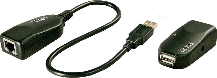 Ein USB-zu-Ethernet-Adapterset, bestehend aus einem Adapter mit Ethernet- und einem mit USB-Anschluss, verbunden durch ein Kabel.