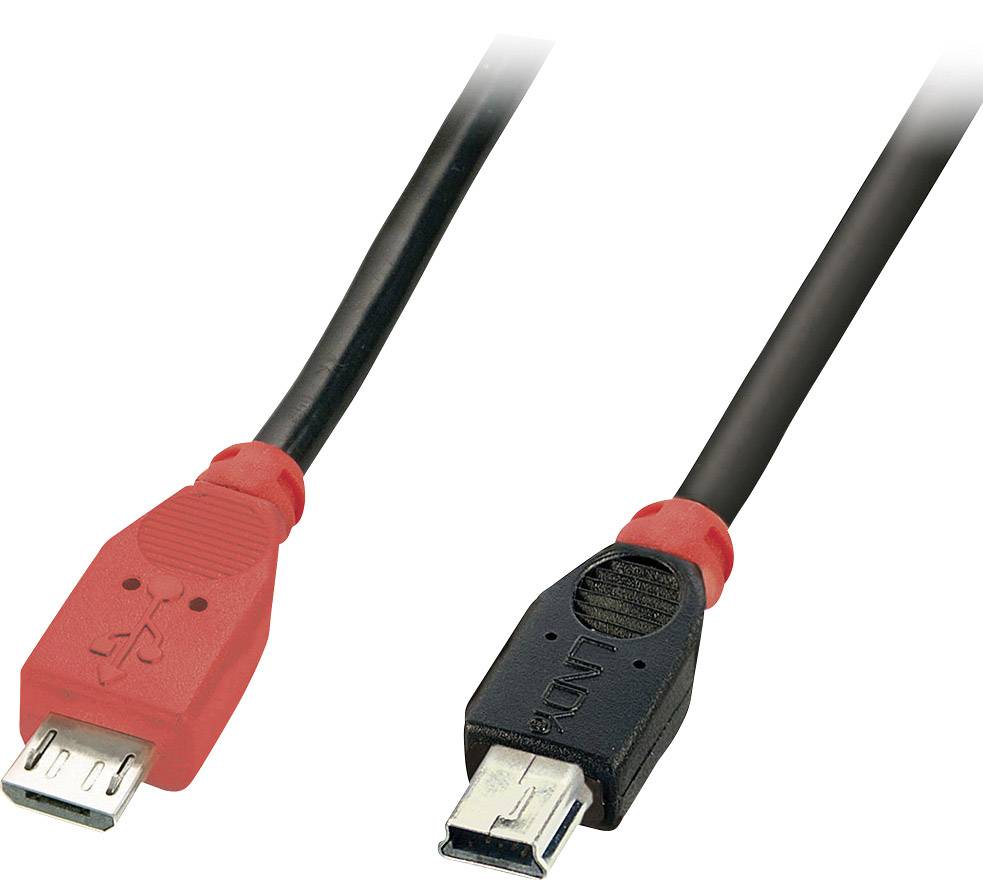 Rotes und schwarzes USB-Kabel mit verschiedenen Steckern. Der rote Stecker hat ein USB-Symbol, der schwarze ist mit 