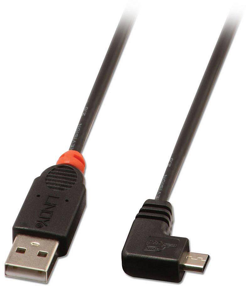 Ein schwarzes USB-Kabel mit einem USB-A-Stecker links und einem abgewinkelten Micro-USB-Stecker rechts.
