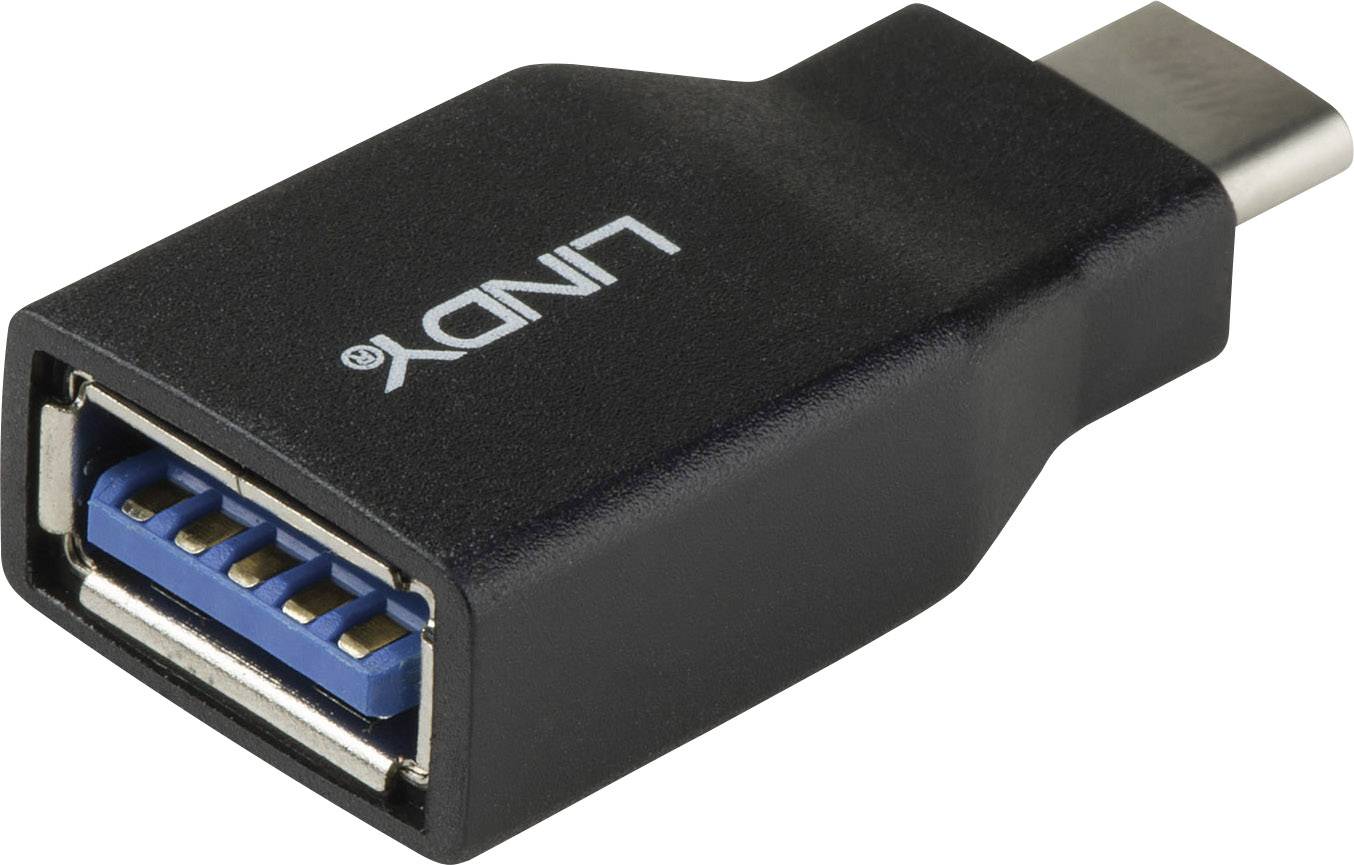 Ein USB-C-zu-USB-A-Adapter in Schwarz, marked with 'LINDY', zeigt die Eingangs- und Ausgangsanschlüsse.