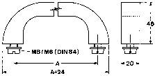 Technische Zeichnung einer Rohrschelle mit Maßen. Hauptansicht zeigt Bogenform. Seitenansicht zeigt Höhe. Markiert: M6 (DIN 84).