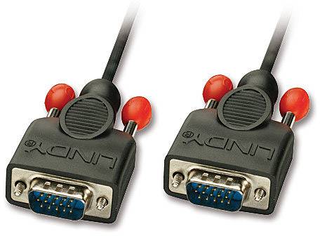 Zwei VGA-Stecker mit schwarzen Kabeln und roten Schraubverschlüssen, gekennzeichnet mit 'LINDY'. Sie dienen zur Videoübertragung.