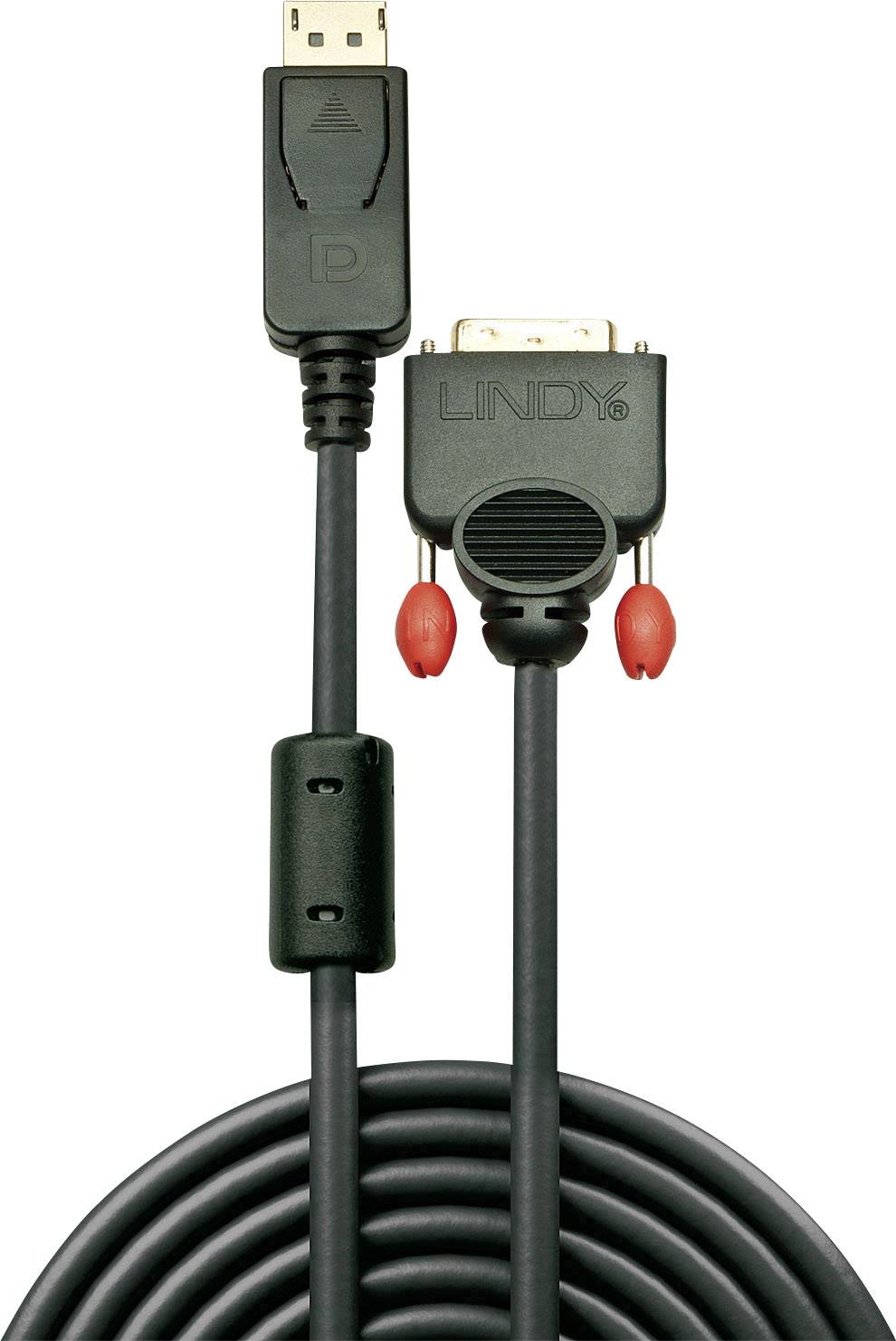 Ein schwarzes Kabel mit zwei Steckverbindern: links ein DisplayPort-Stecker, rechts ein DVI-Stecker mit rotem Detail, Marke 'Lindy'.