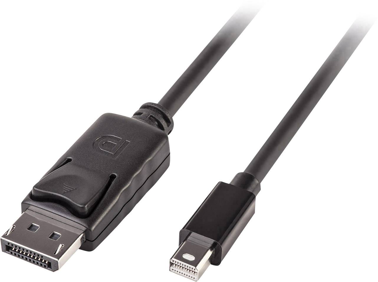 Ein schwarzes Kabel mit einem DisplayPort-Stecker auf der einen Seite und einem Mini DisplayPort-Stecker auf der anderen Seite.
