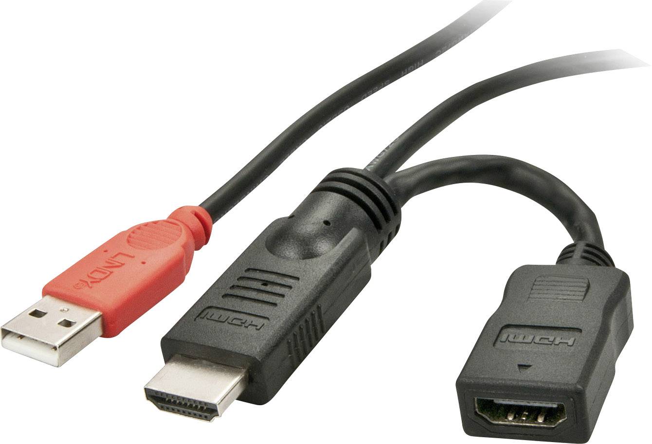 Ein schwarzes HDMI-Kabel und ein rotes USB-Kabel sind nebeneinander abgebildet. Die HDMI-Stecker sind jeweils männlich und weiblich.