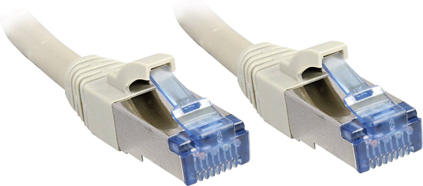 Zwei graue Ethernet-Kabel mit blauen Steckern, die nebeneinander liegen.