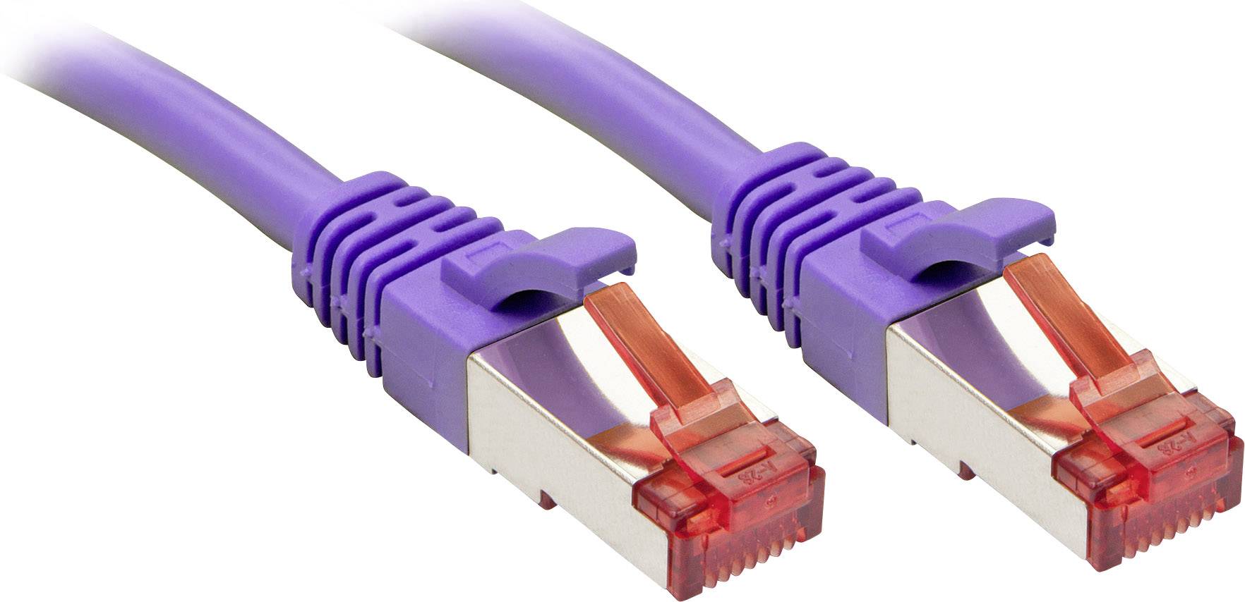 Zwei lilafarbene Ethernet-Kabel mit roten Steckern, nebeneinander liegend, vor einem weißen Hintergrund.