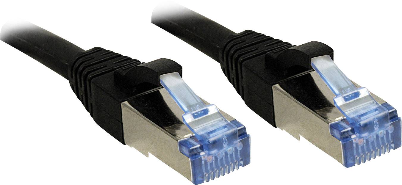 Zwei schwarze Netzwerkkabel mit blauen RJ45-Steckern für Ethernet-Verbindungen.