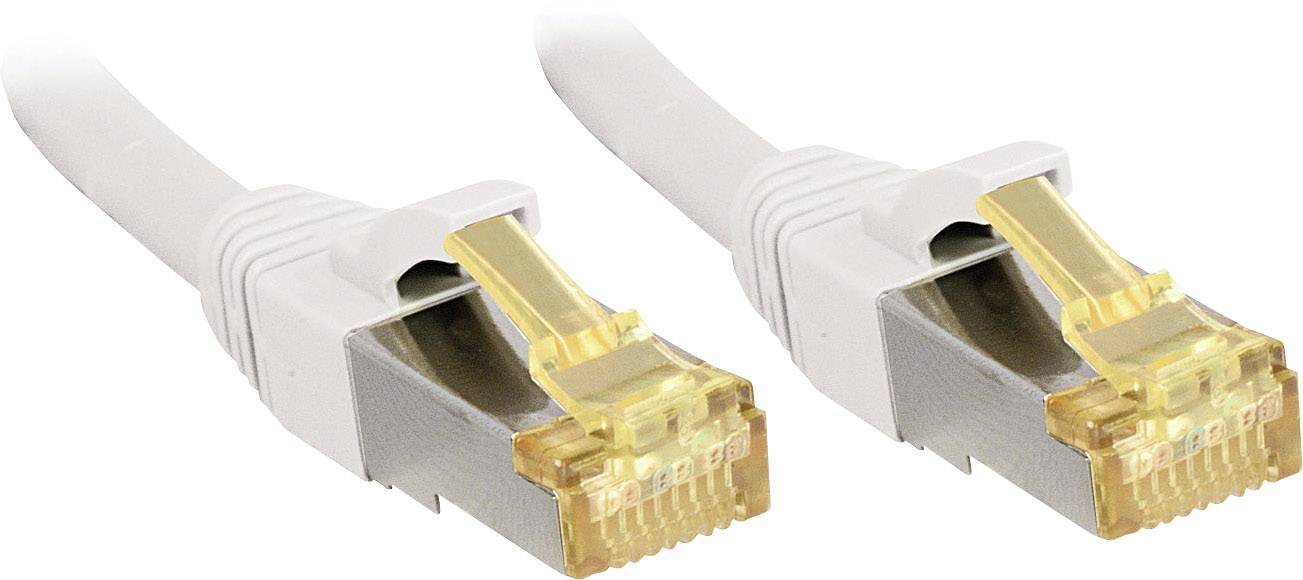 Zwei gelbe RJ45-Netzwerkkabelstecker mit grauen Kabeln nebeneinander.