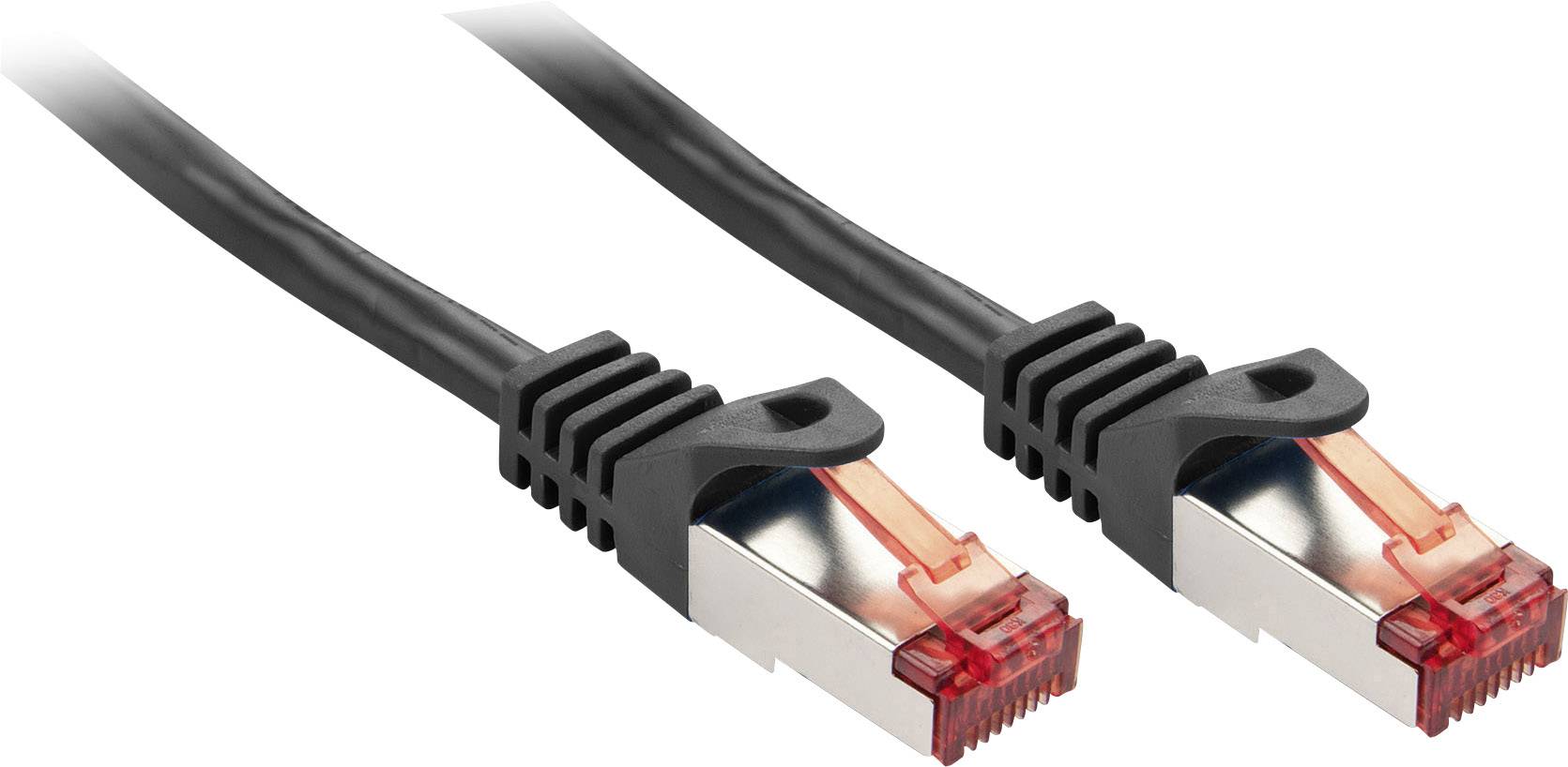 Zwei schwarze Ethernet-Kabel mit roten Steckern liegen nebeneinander.
