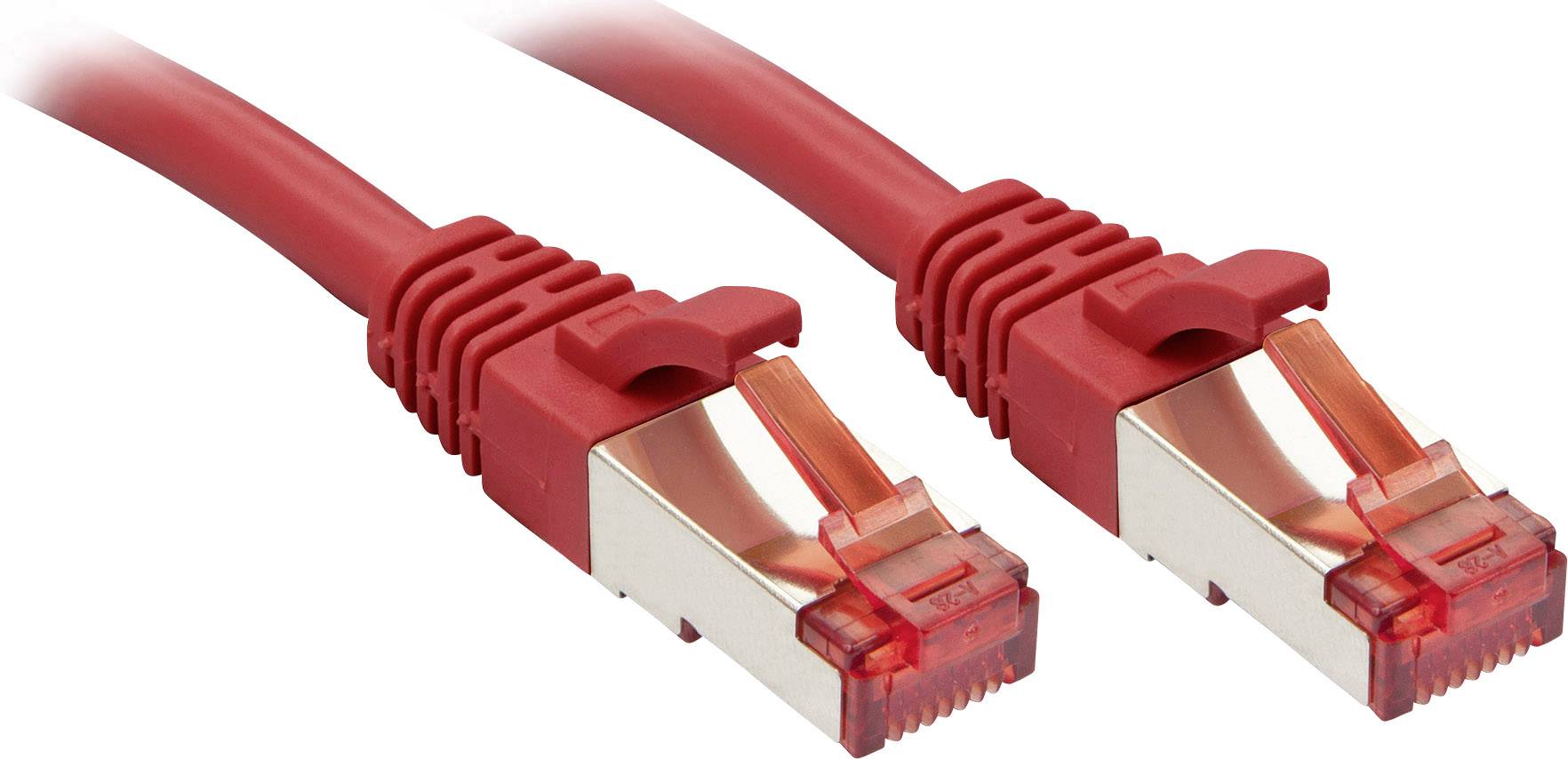 Zwei rote RJ45-Netzwerkkabel mit Kunststoffsteckern, die häufig in Computernetzwerken für Internetverbindungen verwendet werden.