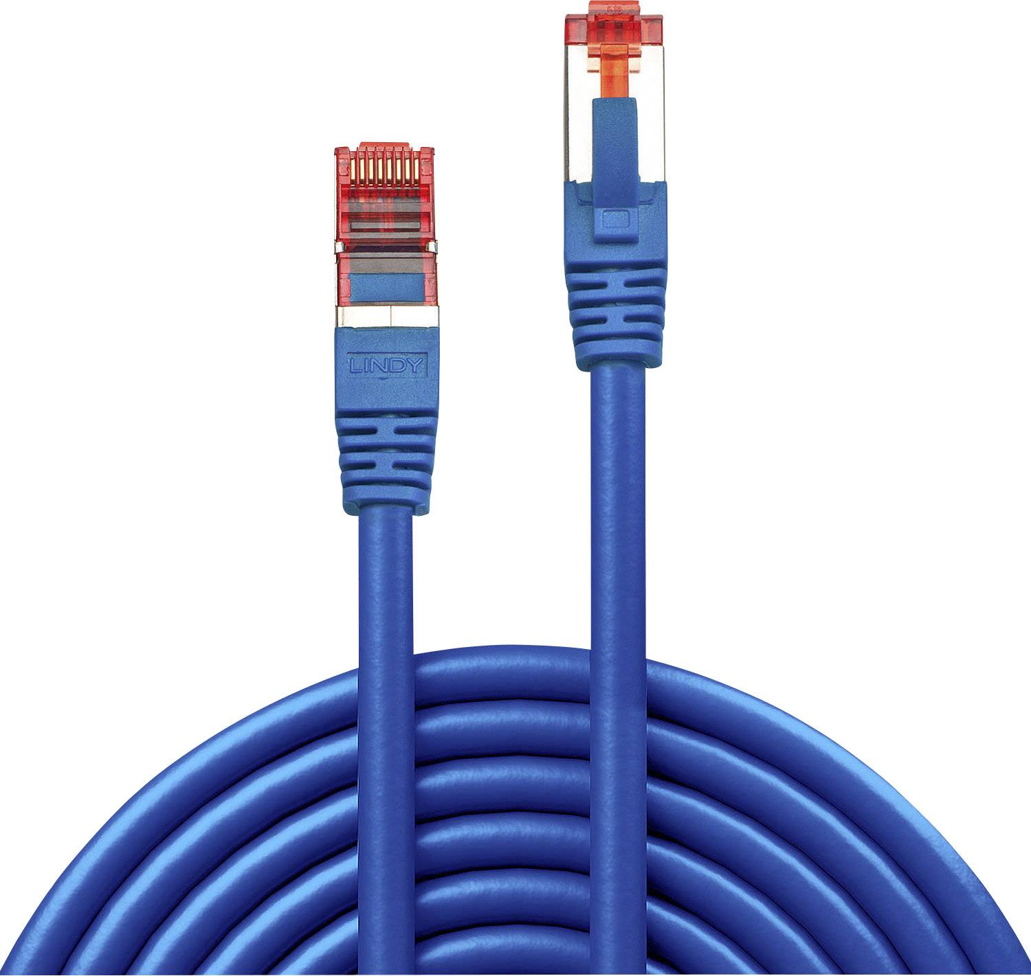 Blaues Ethernet-Kabel mit roten Steckern, aufgerollt. Geeignet für Netzwerkverbindungen.