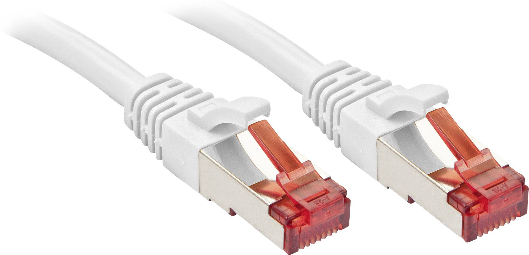 Zwei weiße Ethernet-Kabel mit roten Steckern, die für Netzwerkverbindungen verwendet werden.