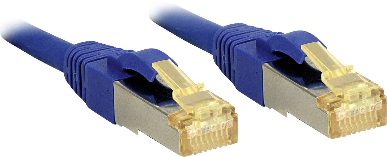 Zwei blaue Ethernet-Kabel mit gelben Steckern, die für Netzwerkverbindungen verwendet werden.