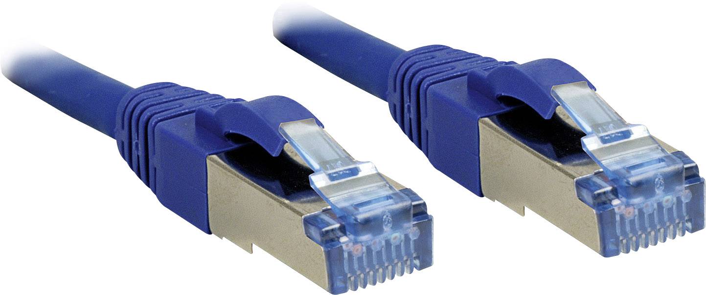 Zwei blaue Ethernet-Kabel liegen parallel nebeneinander. Sie haben metallische RJ45-Stecker, die eine Netzwerkverbindung ermöglichen.