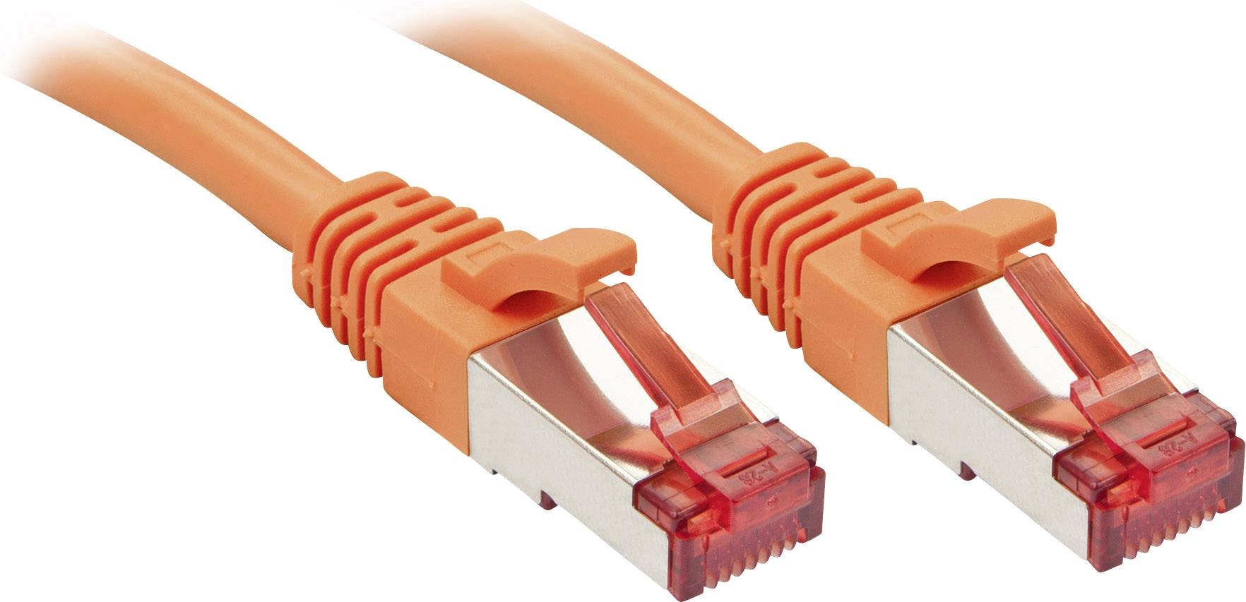 Zwei orangefarbene Netzwerkkabel mit RJ45-Steckern für die Verbindung von Geräten in einem Computernetzwerk.