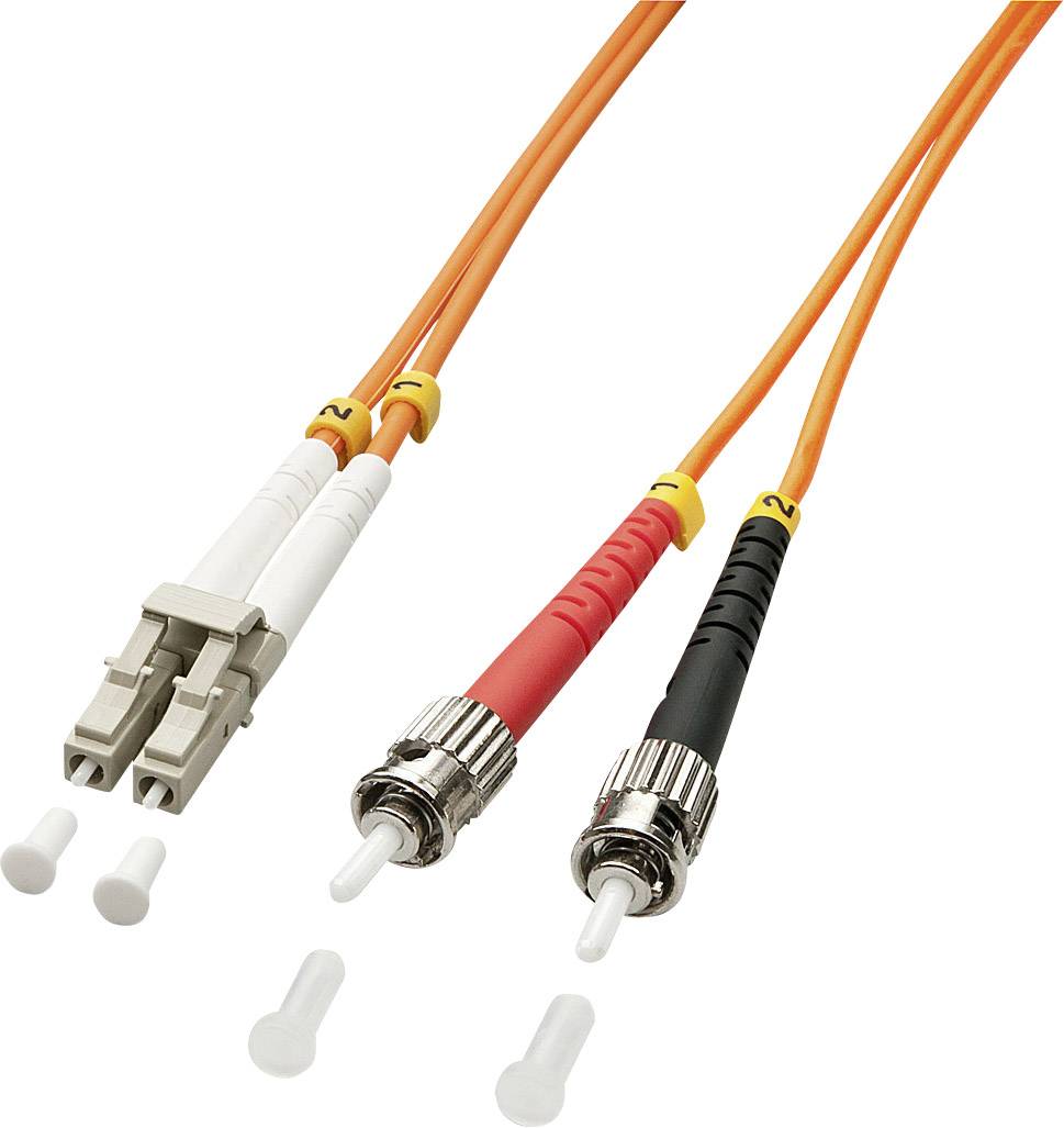 Orange Glasfaserkabel mit zwei verschiedenen Steckertypen: links ein beiger LC-Stecker und rechts zwei runde ST-Stecker, rot und schwarz markiert.