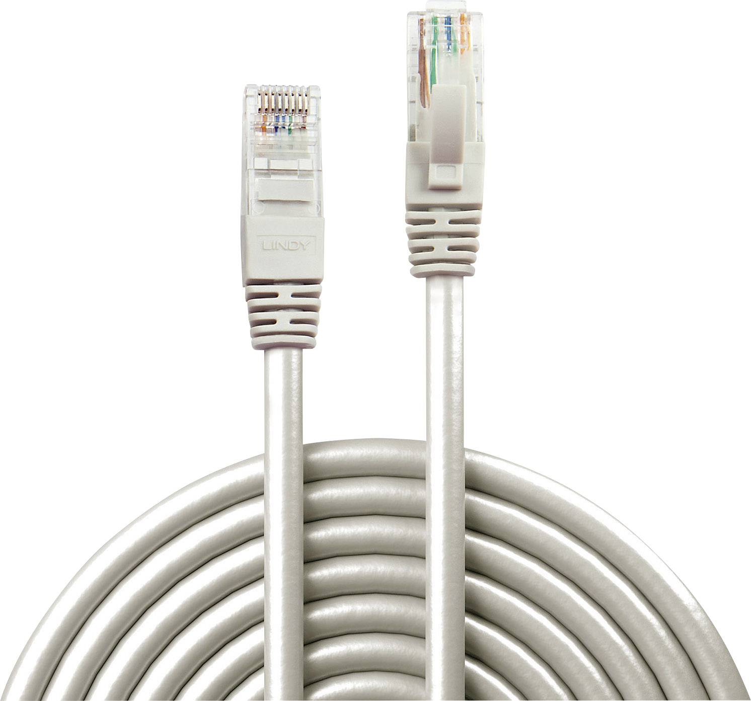 Ein aufgerolltes, graues Ethernet-Kabel mit zwei RJ45-Steckern an den Enden.