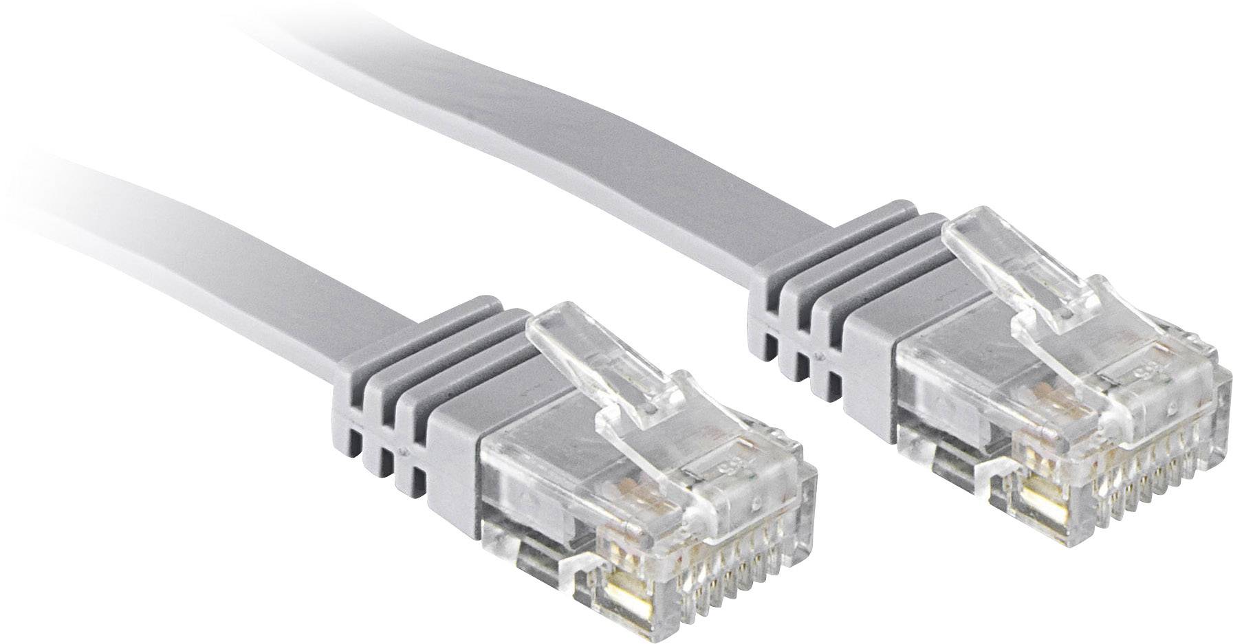 Zwei graue Ethernet-Kabel mit transparenten Steckern, nebeneinander liegend.
