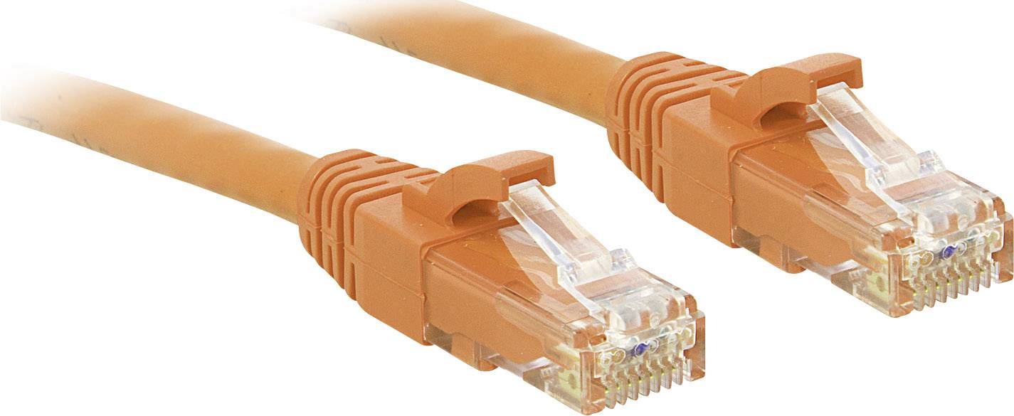 Zwei orange Ethernet-Kabel mit RJ45-Steckern, nebeneinander liegend, die für Netzwerkverbindungen verwendet werden.