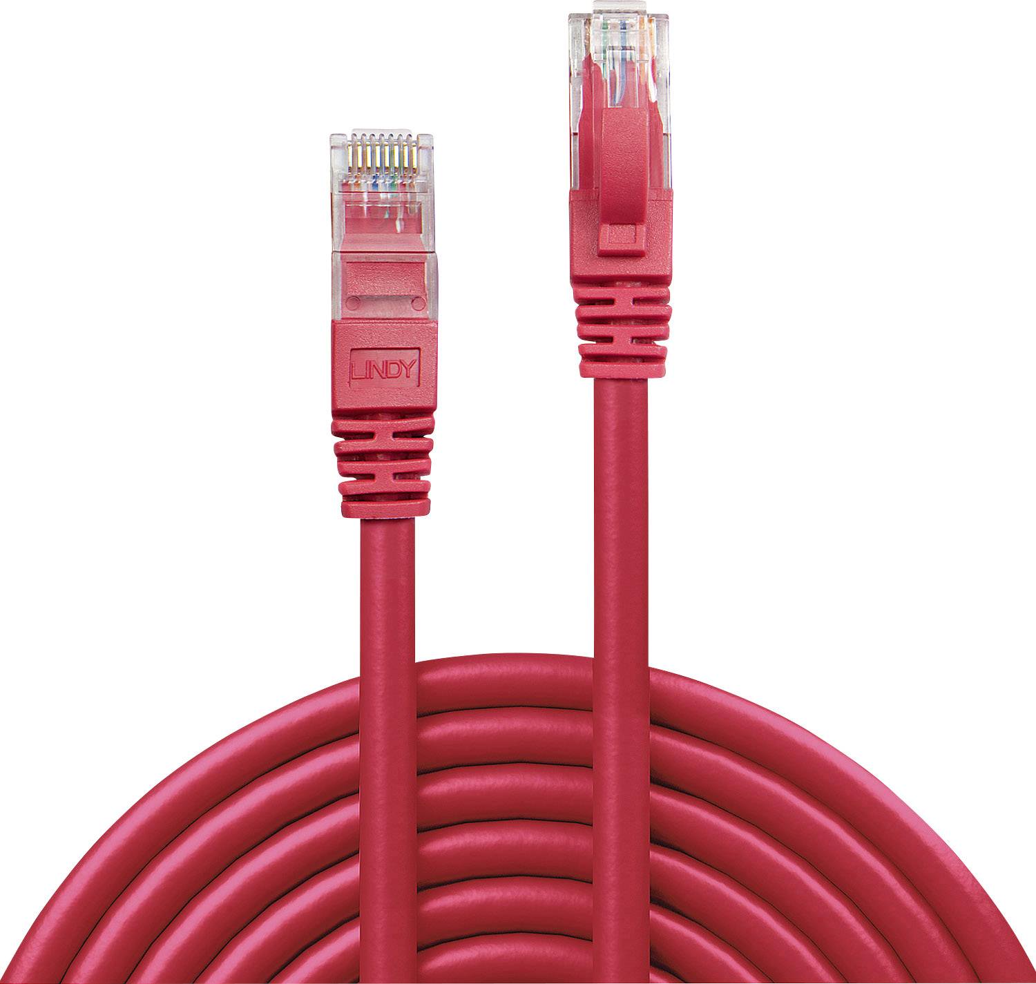 Rotes Ethernet-Kabel, doppelt ersichtlich, mit RJ45-Steckern an beiden Enden, symbolisiert Netzwerkverbindung.