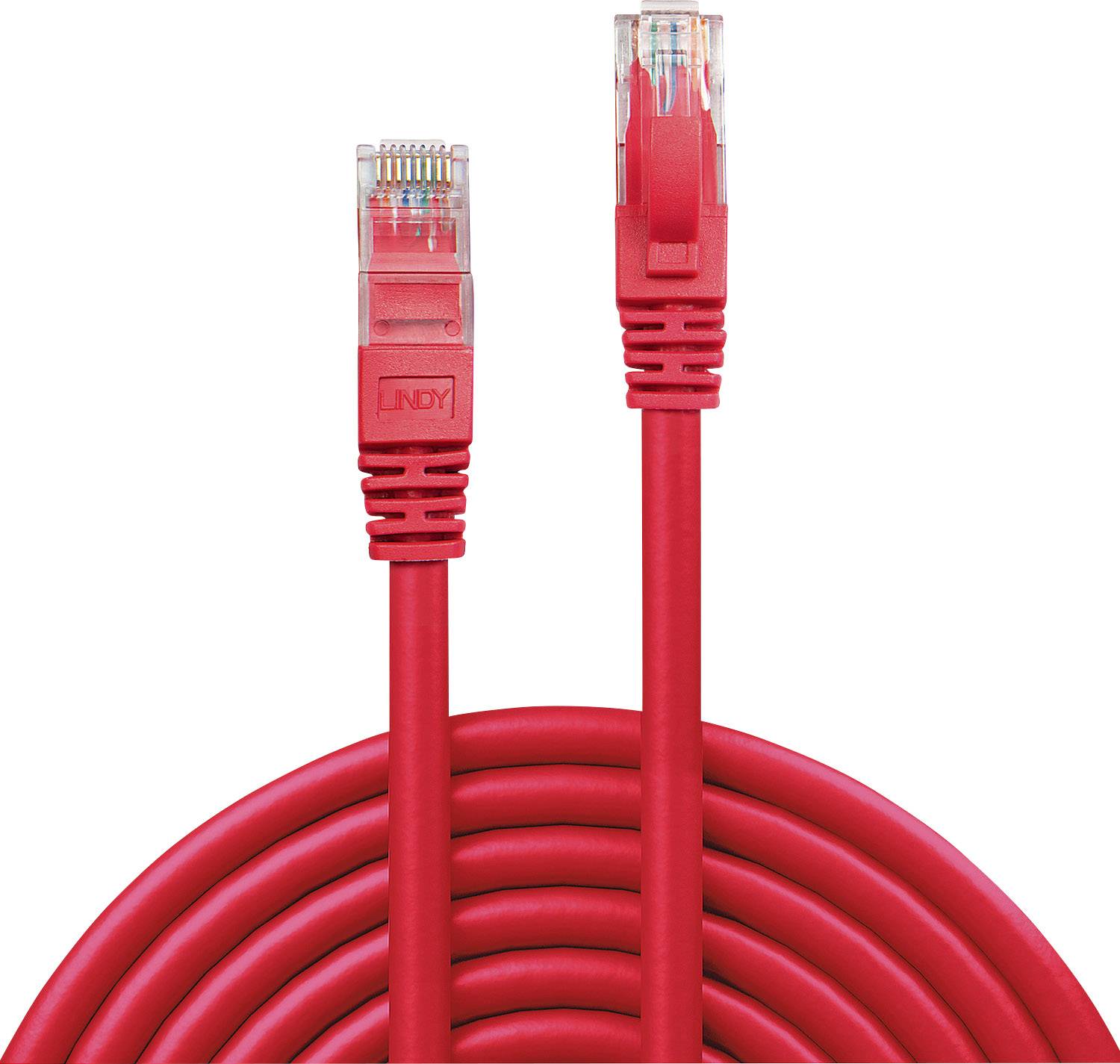 Ein rotes Ethernet-Kabel mit zwei RJ45-Anschlüssen, aufgerollt. Dient zur Verbindung von Netzwerkgeräten für Internetzugang.