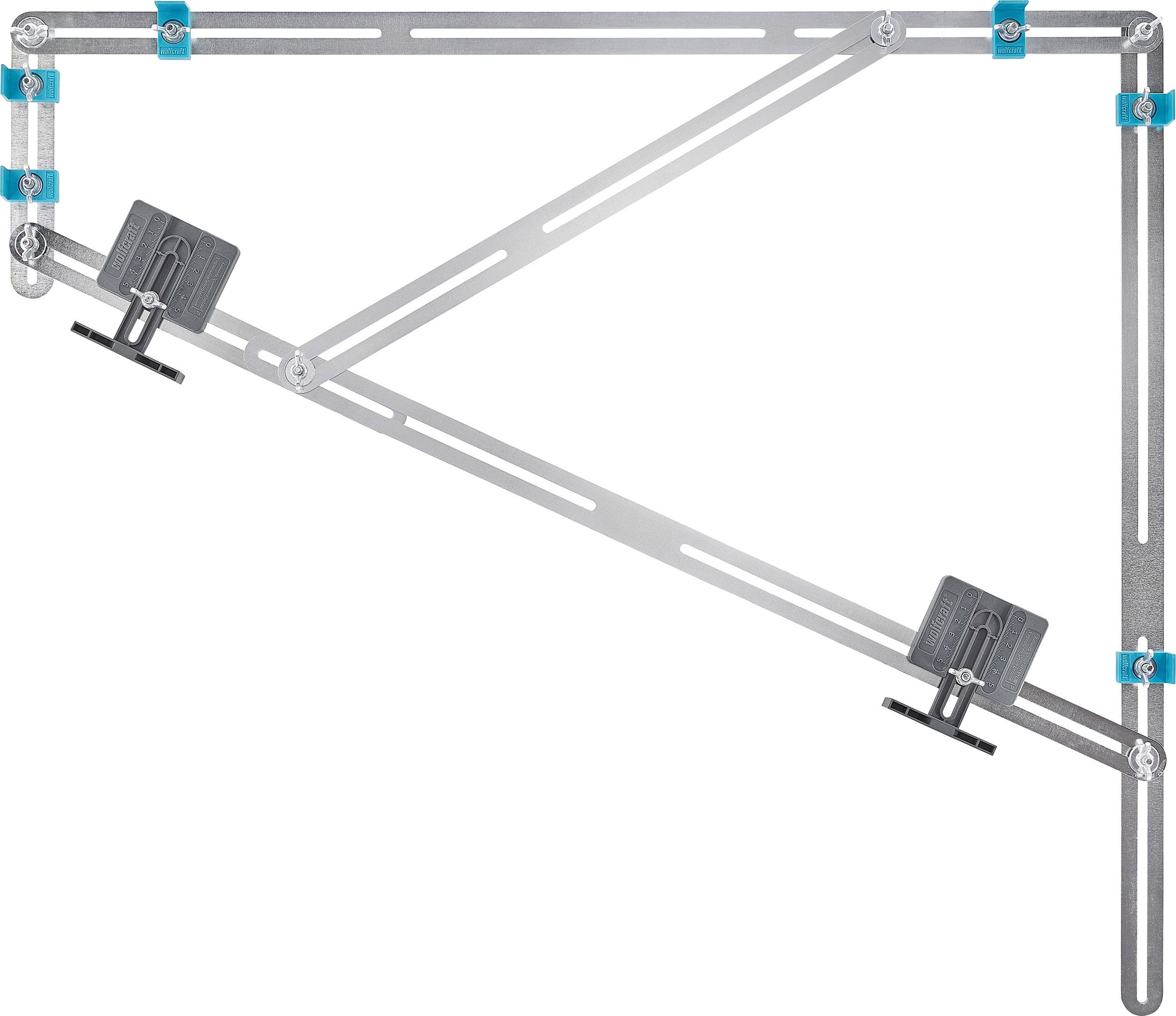 Eine verstellbare Winkel-Schablone aus Metall für präzise Messungen, mit blauen und schwarzen Befestigungen an den Ecken und Verbindungen.