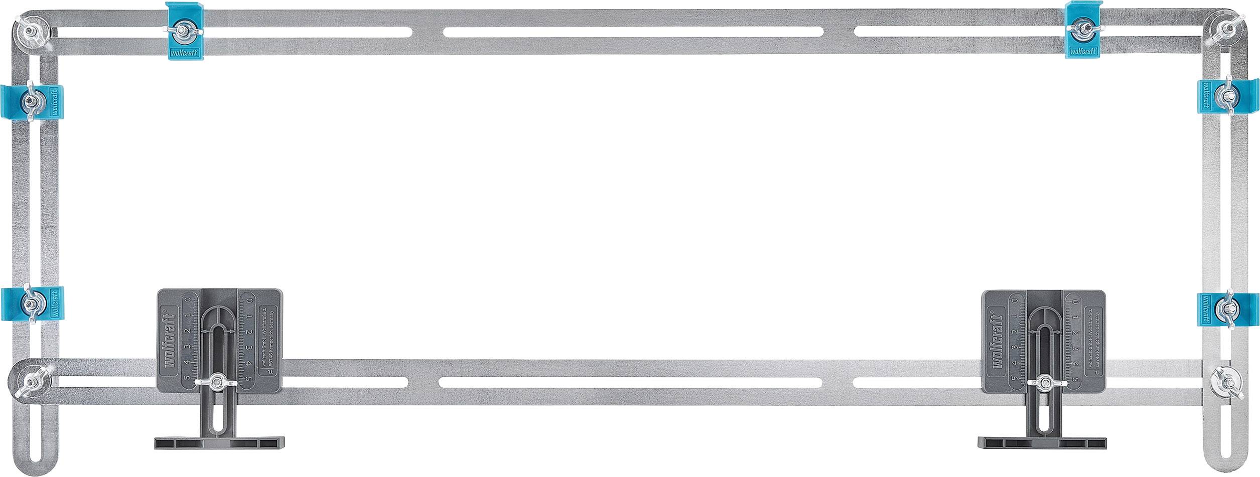 Metallischer Geradeausschnitt mit blauen Verbindungselementen. Verstellbare Halterungen auf beiden Seiten.