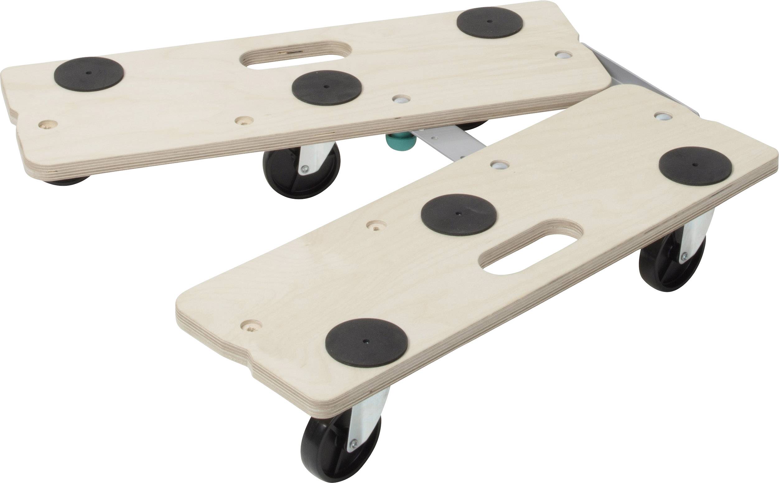 Ein verstellbarer Transportroller aus Holz mit schwarzen Gummiauflagen und vier Rollen, geeignet für den Transport von Gegenständen.