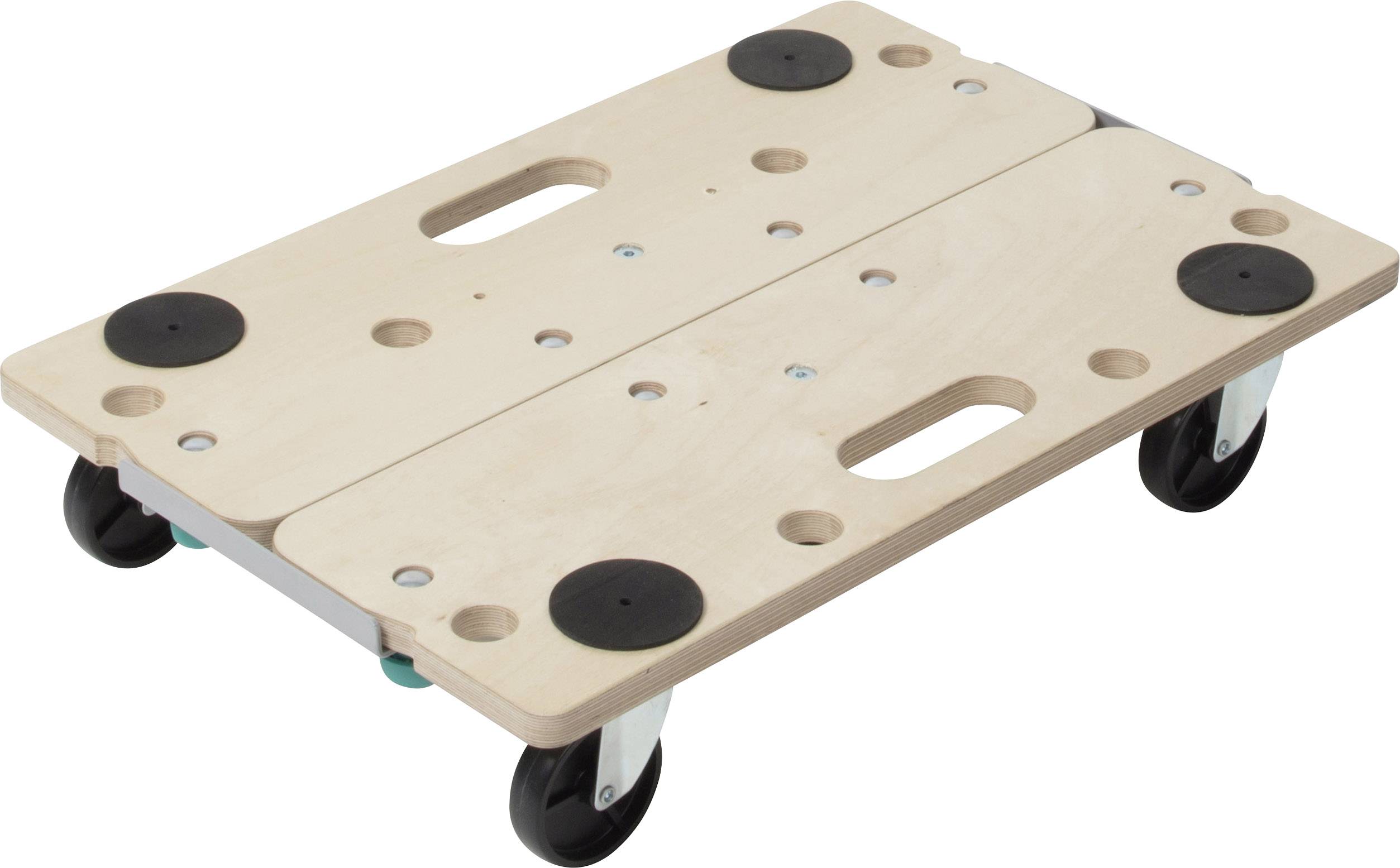 Rollbrett aus Holz mit vier schwarzen Rädern, schwarzem Gummipuffer und Griffgriffen. Ideal zum Transport von schweren Gegenständen.