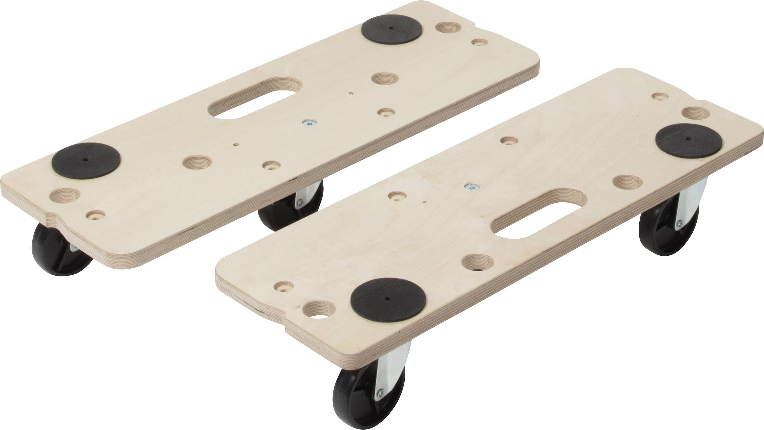 Zwei Holzbretter mit Grifflöchern und Rollen, die als Transporthilfe für schwere Gegenstände dienen.