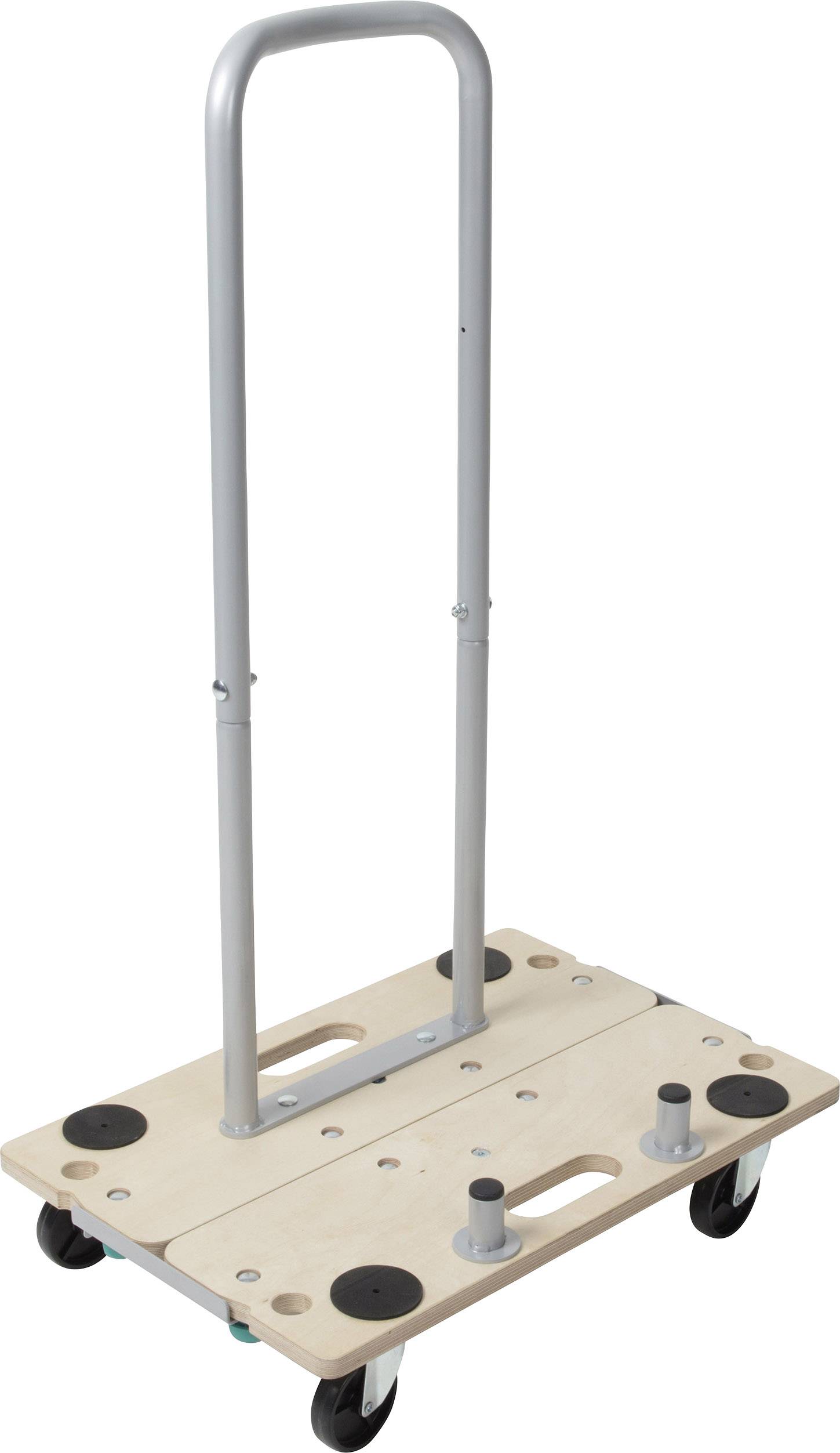 Transportwagen mit Metallgriff und Holzplattform auf vier Rollen. Geeignet zum einfachen Bewegen von Lasten und Gegenständen.